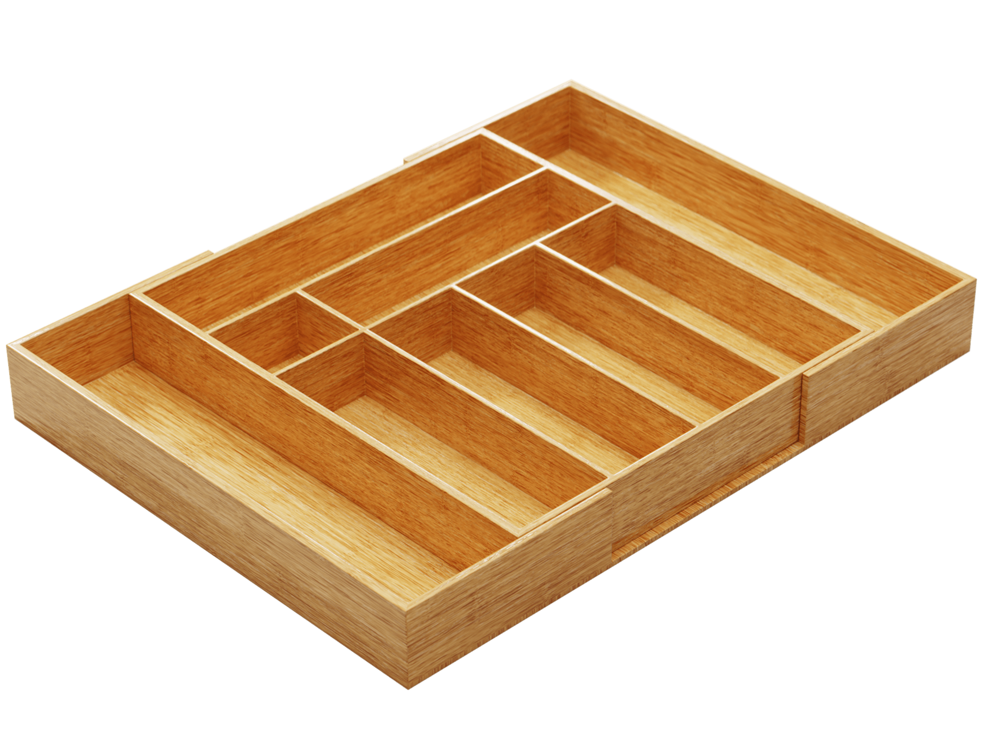 Quasar Besteckkasten-Einsatz Bambus Rechteckiger Besteck-/Ordnereinsatz aus hellem Holz (Bambus-Optik), in schräger Draufsicht freigestellt. Der Einsatz besitzt mehrere Fächer in unterschiedlichen Breiten und Längen: lange Längsfächer für Messer/Utensilie
