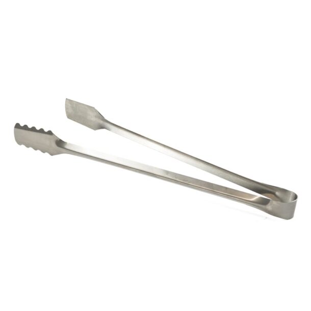 „MERKLINGER Grillzange aus Edelstahl – langer Schenkel mit geprägtem Logo, gezahnter Greifkopf – Freisteller.“ Merklinger Profi Grillzange