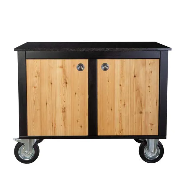 Modul ANTON Front geschlossen, zwei Türen mit Griffmuscheln und schwarze Arbeitsplatte auf Rollen.