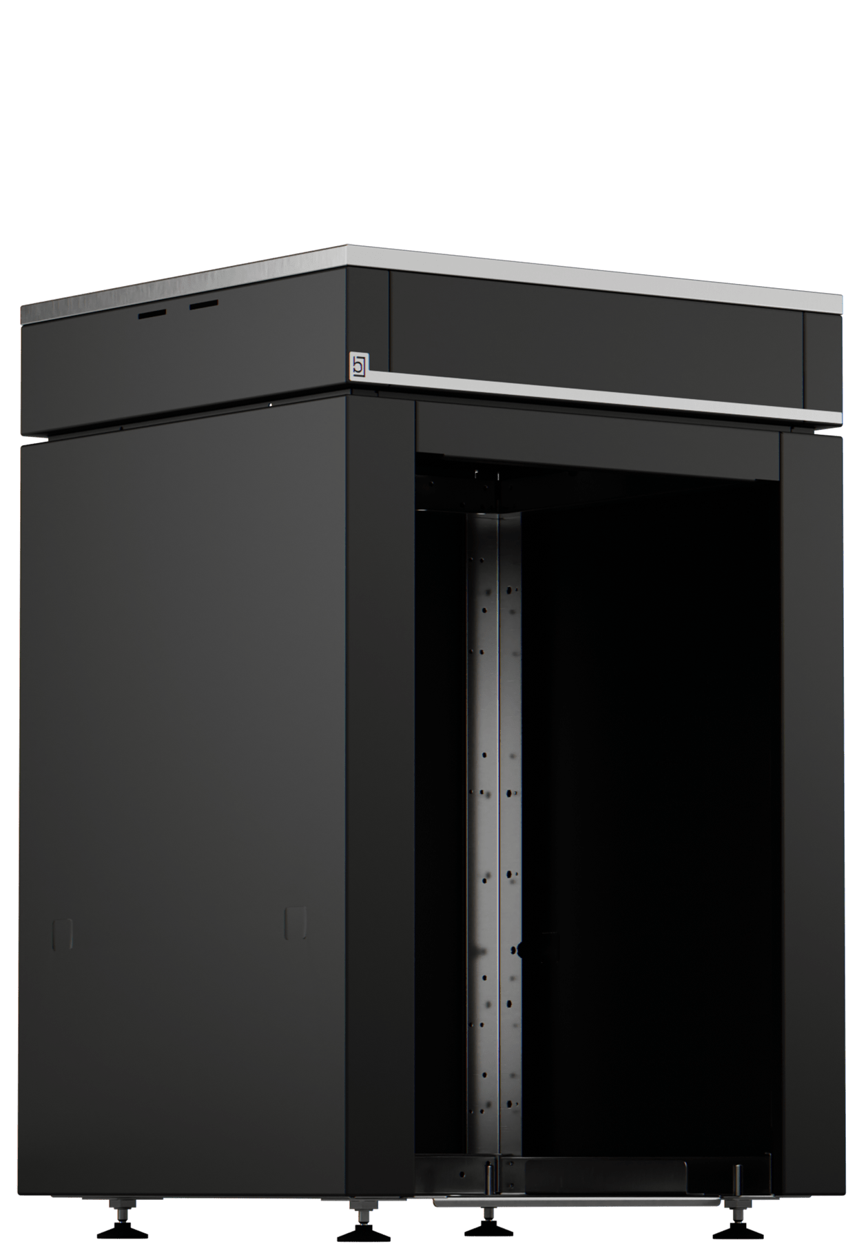 Quasar Modul Eckschrank Schwarzes Eckschrank-Modul (ca. 80 × 80 cm) für eine modulare Outdoor-Küche: kubischer Korpus in Mattschwarz, oben ein umlaufender Edelstahl-Abschluss. Frontseitig eine große, offene Nische (ohne Tür/Front), innen eine senkrechte L