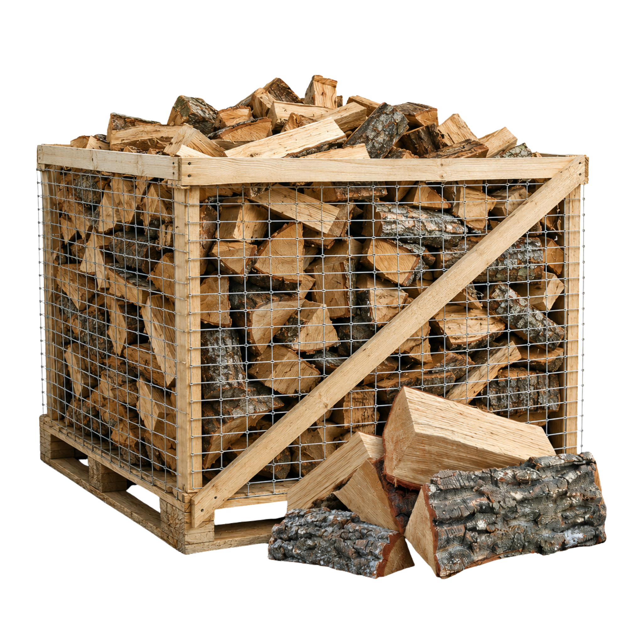 Gitterbox mit einem Schüttraummeter gespaltenem Brennholz