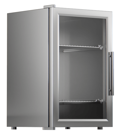 Quasar Kühlschrank Freistehender, einflügeliger Getränkekühlschrank aus gebürstetem Edelstahl, perspektivisch von vorn links gezeigt. Große Glastür mit umlaufendem Metallrahmen und langem, vertikalen Stangengriff rechts, innen zwei verstellbare Drahtböden