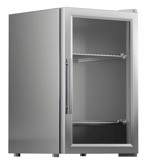 Quasar Kühlschrank Freistehender, einflügeliger Getränkekühlschrank aus gebürstetem Edelstahl, perspektivisch von vorn links gezeigt. Große Glastür mit umlaufendem Metallrahmen und langem, vertikalen Stangengriff links, innen zwei verstellbare Drahtböden.